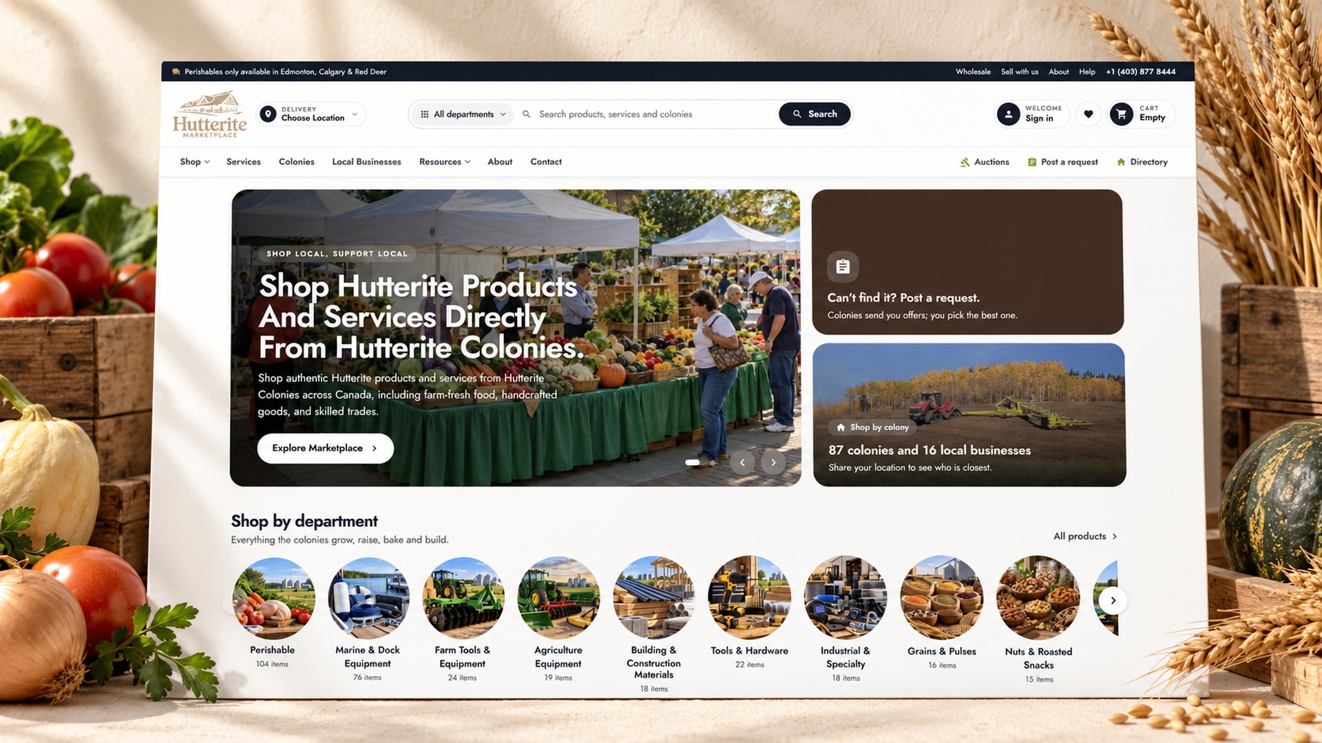 Hutterite Marketplace — art-directed project mockup